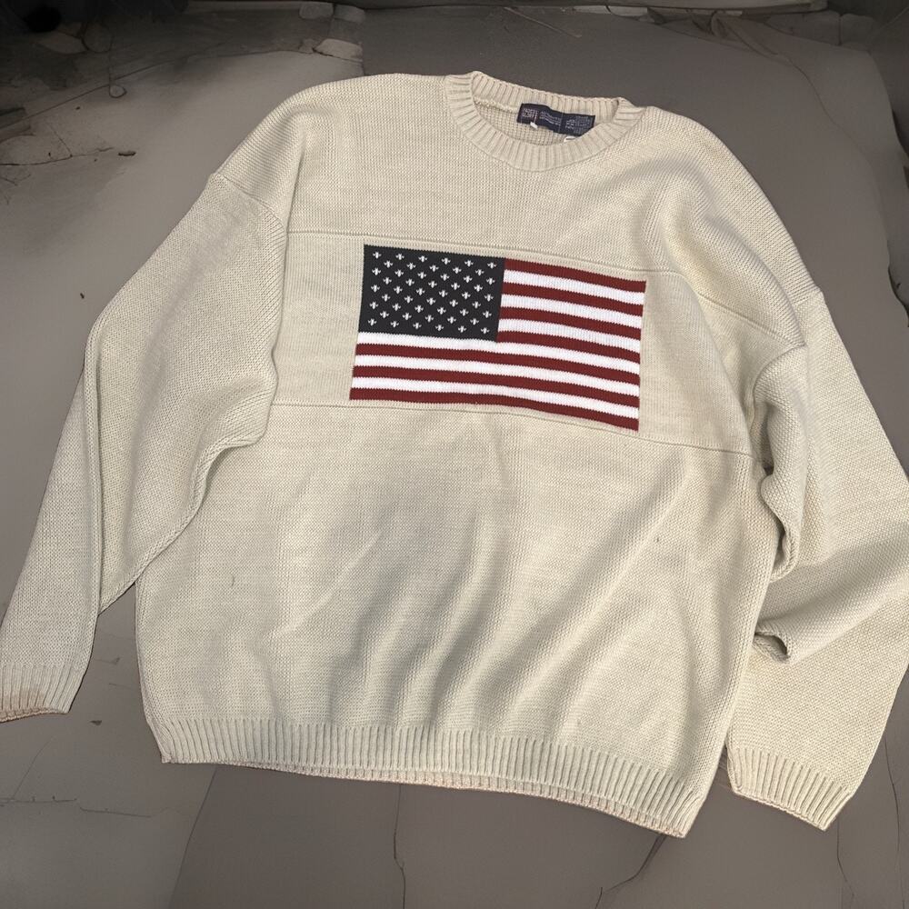 Vintage Faded Glory American Flag Knit Sweater Mens 3XL USA 90s Y2K Beige TanNew